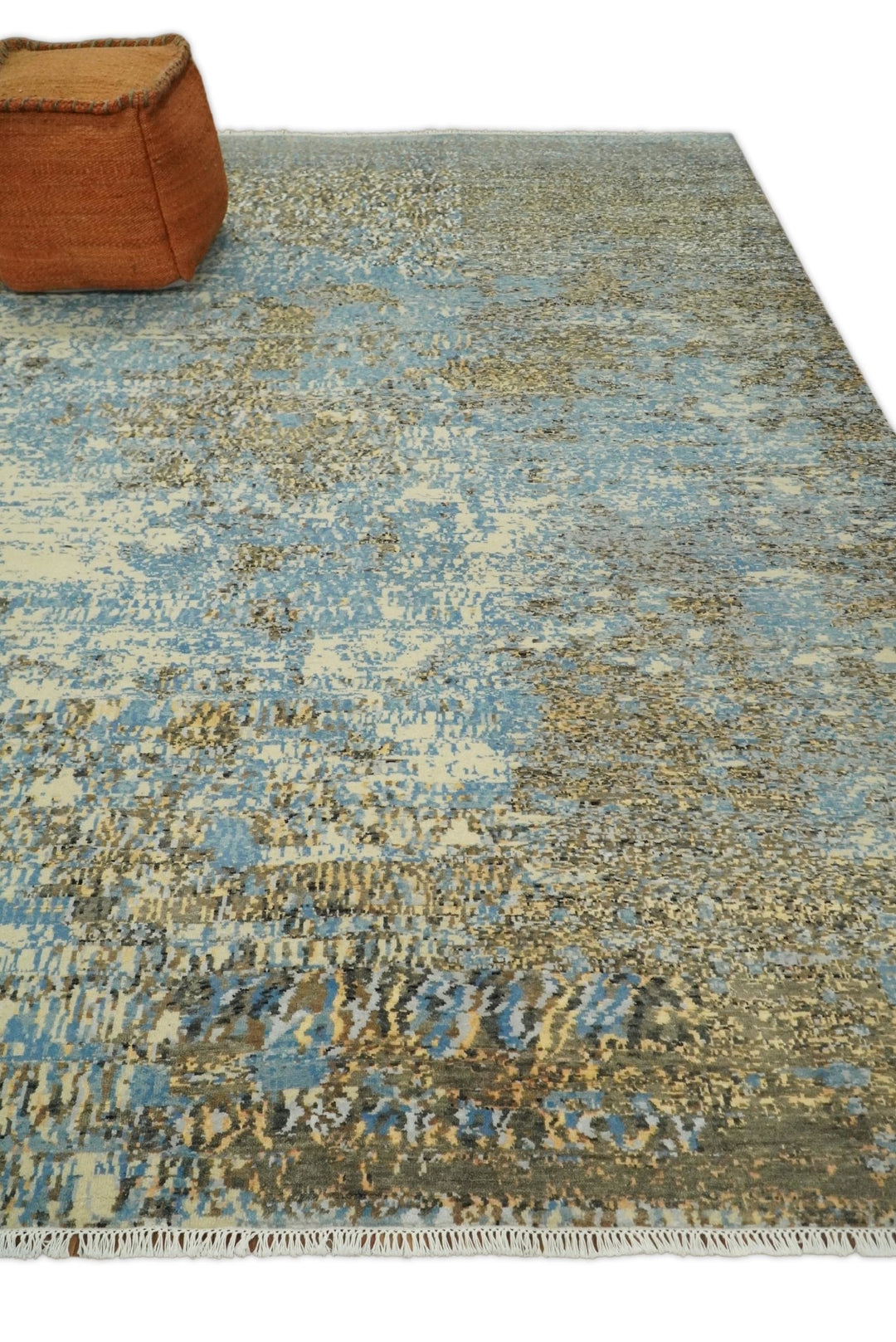 8x10 Fine Hand Knotted Blue and Brown Modern Abstract Style Antique Wool and Silk Area Rug | TRDCP627810 - The Rug Decor