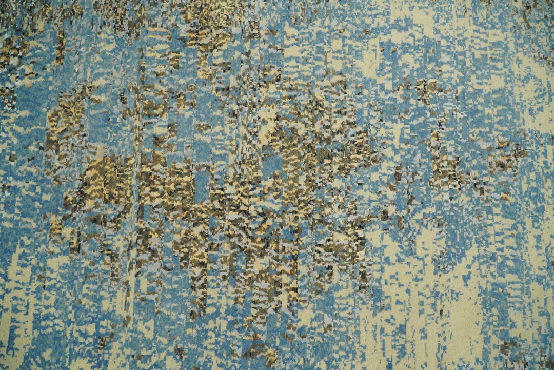8x10 Fine Hand Knotted Blue and Brown Modern Abstract Style Antique Wool and Silk Area Rug | TRDCP627810 - The Rug Decor