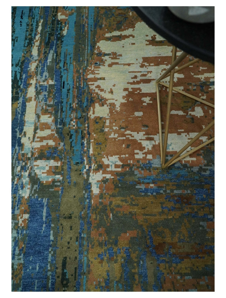 8x10 Fine Hand Knotted Blue and Brown Modern Abstract Wool Area Rug | AGR42 - The Rug Decor