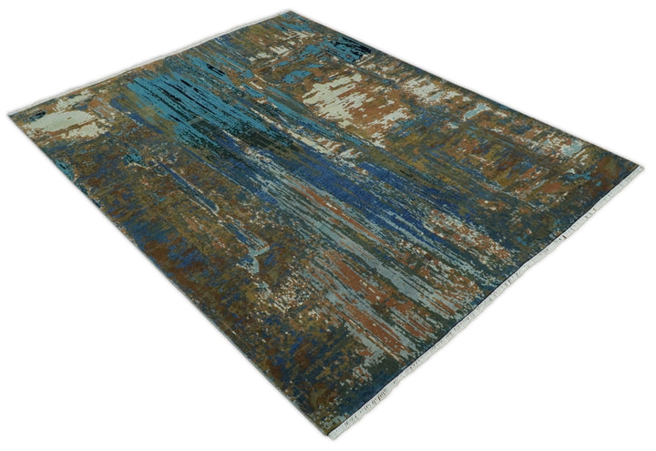 8x10 Fine Hand Knotted Blue and Brown Modern Abstract Wool Area Rug | AGR42 - The Rug Decor