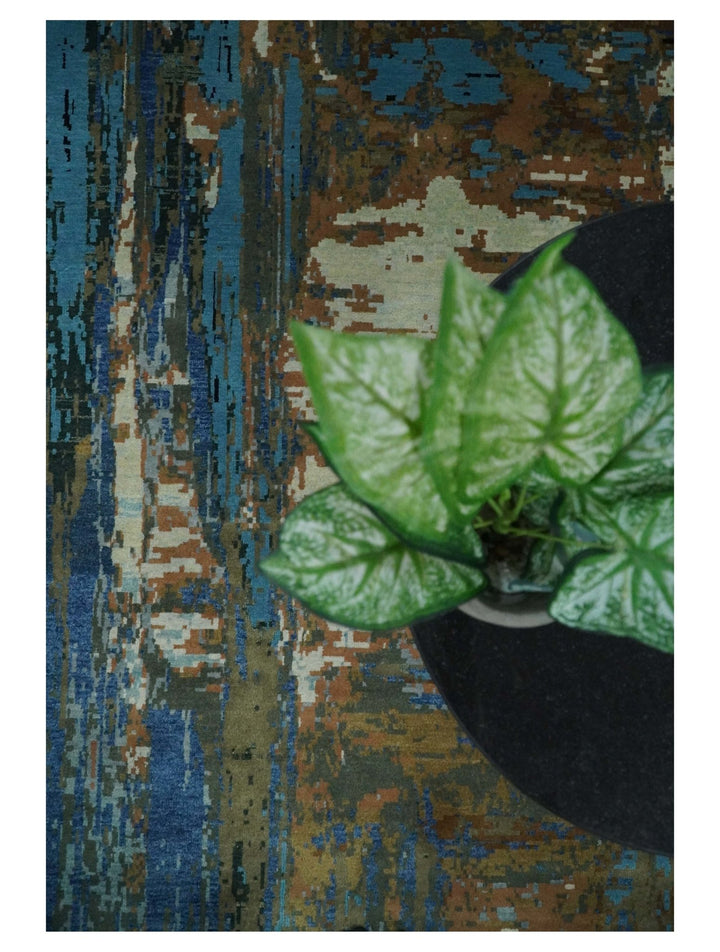 8x10 Fine Hand Knotted Blue and Brown Modern Abstract Wool Area Rug | AGR42 - The Rug Decor