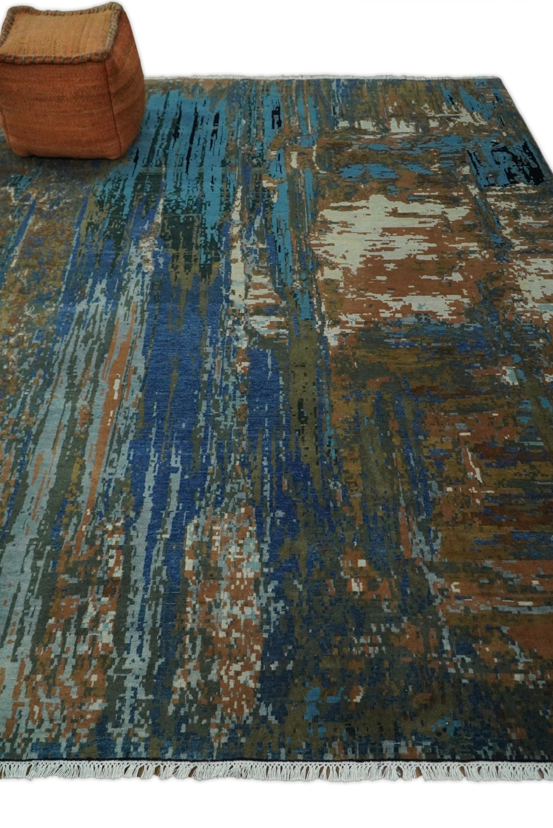8x10 Fine Hand Knotted Blue and Brown Modern Abstract Wool Area Rug | AGR42 - The Rug Decor