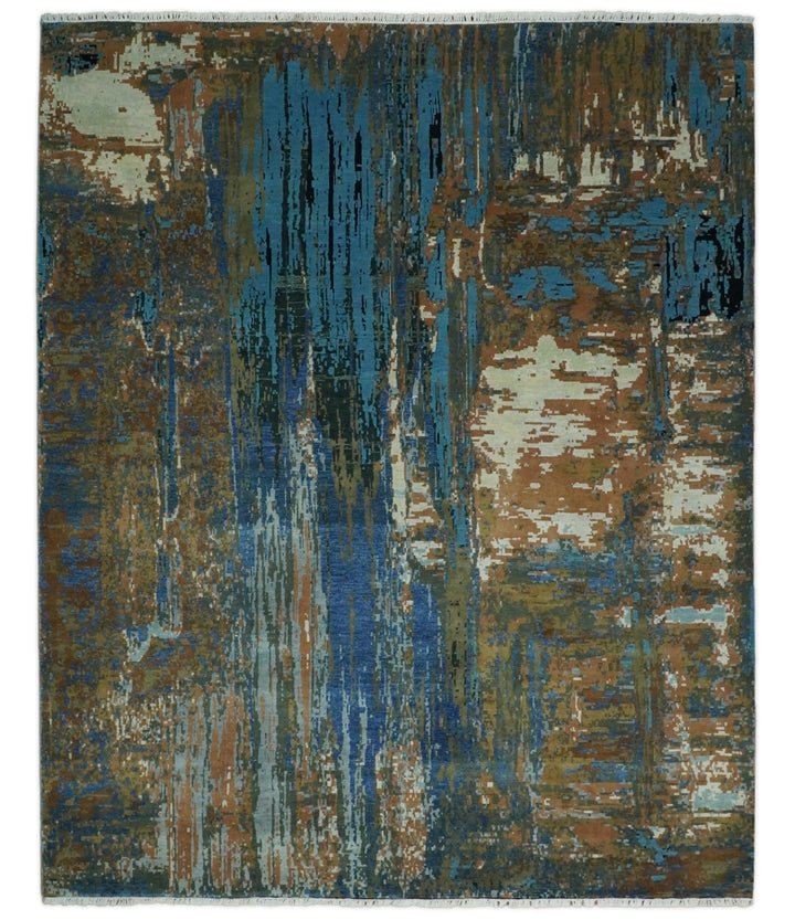 8x10 Fine Hand Knotted Blue and Brown Modern Abstract Wool Area Rug | AGR42 - The Rug Decor