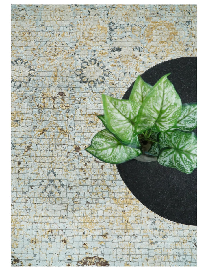 8x10 Fine Hand Knotted Blue and Gold Traditional Abstract Mosaic Turkish Style Bamboo Silk Rug | TRD35957 - The Rug Decor