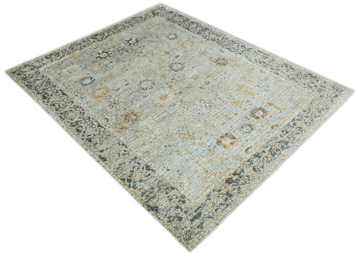 8x10 Fine Hand Knotted Blue and Gold Traditional Abstract Mosaic Turkish Style Bamboo Silk Rug | TRD35957 - The Rug Decor