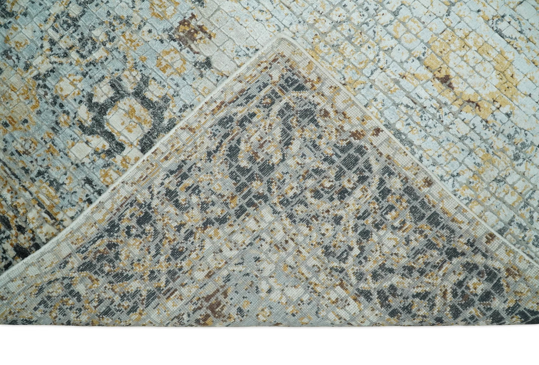 8x10 Fine Hand Knotted Blue and Gold Traditional Abstract Mosaic Turkish Style Bamboo Silk Rug | TRD35957 - The Rug Decor