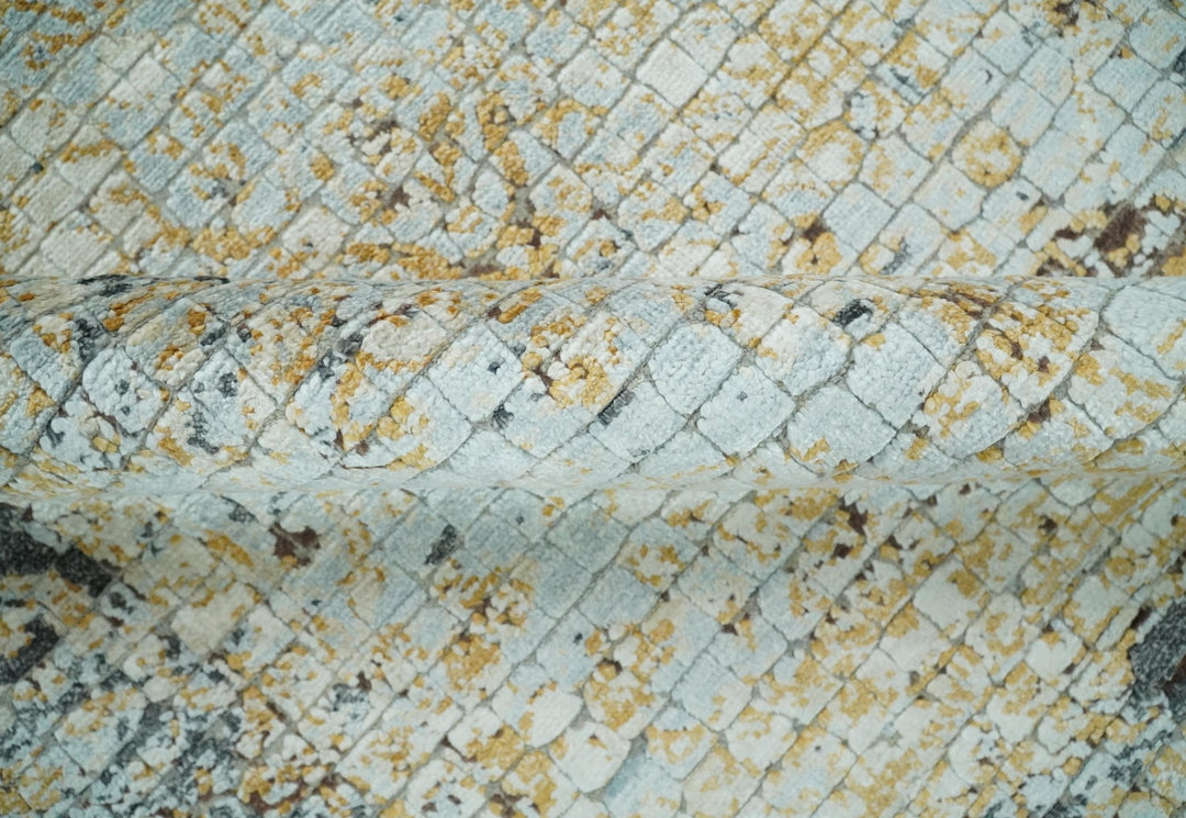 8x10 Fine Hand Knotted Blue and Gold Traditional Abstract Mosaic Turkish Style Bamboo Silk Rug | TRD35957 - The Rug Decor