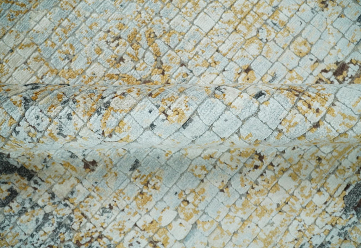 8x10 Fine Hand Knotted Blue and Gold Traditional Abstract Mosaic Turkish Style Bamboo Silk Rug | TRD35957 - The Rug Decor