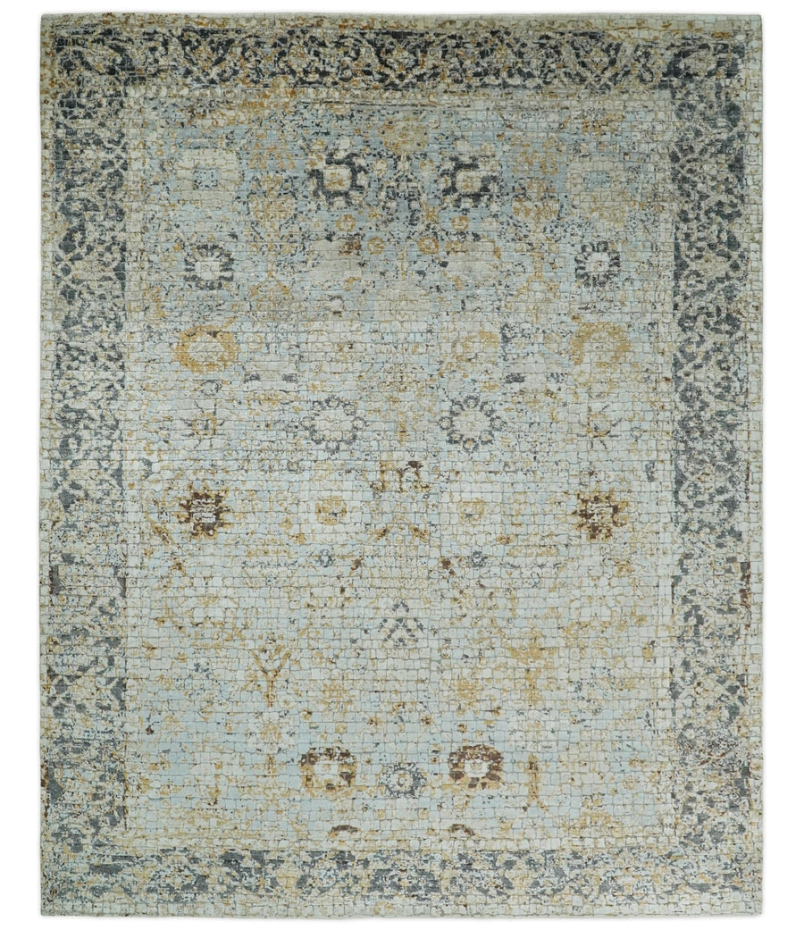 8x10 Fine Hand Knotted Blue and Gold Traditional Abstract Mosaic Turkish Style Bamboo Silk Rug | TRD35957 - The Rug Decor