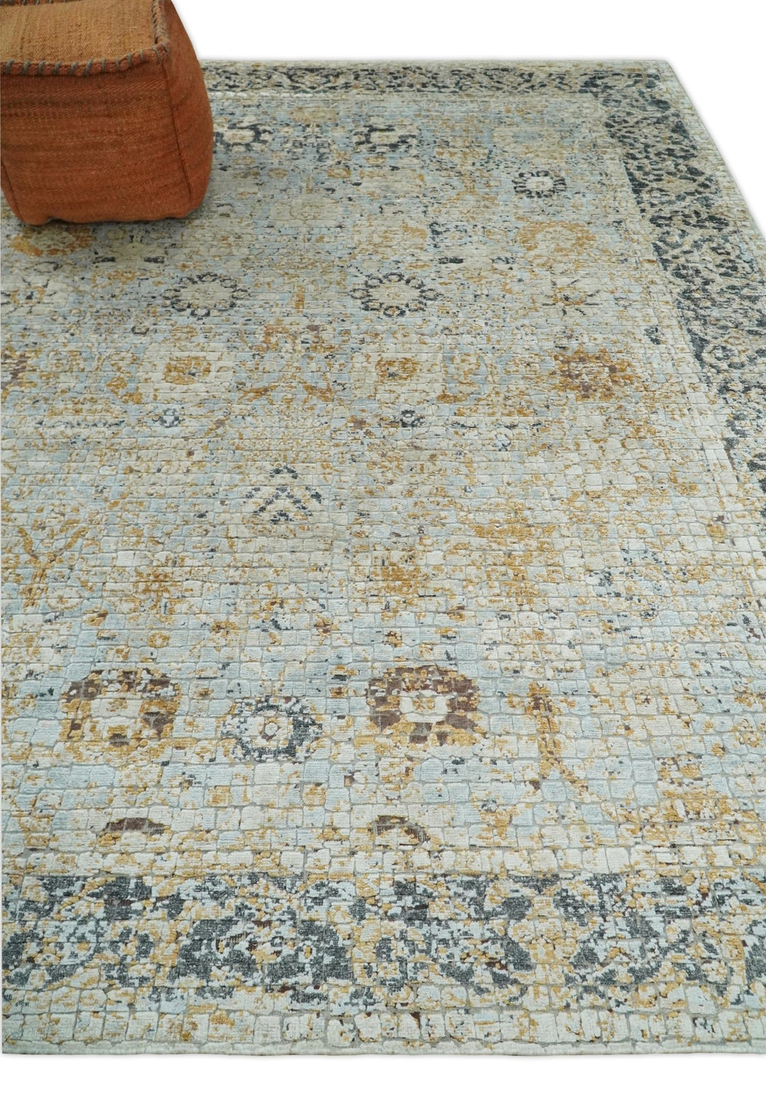 8x10 Fine Hand Knotted Blue and Gold Traditional Abstract Mosaic Turkish Style Bamboo Silk Rug | TRD35957 - The Rug Decor