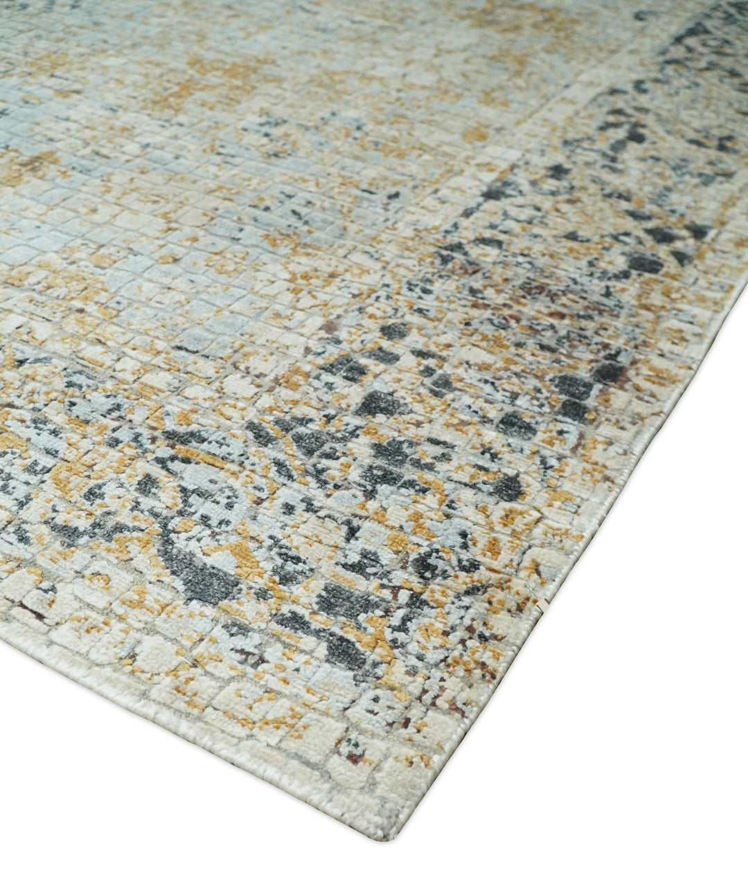 8x10 Fine Hand Knotted Blue and Gold Traditional Abstract Mosaic Turkish Style Bamboo Silk Rug | TRD35957 - The Rug Decor