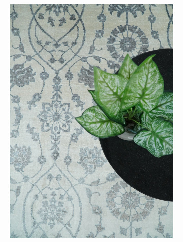 8x10 Fine Hand Knotted Blue, Gray and Brown Traditional Turkish Style Antique Bamboo Silk Rug | TRDCP503810 - The Rug Decor