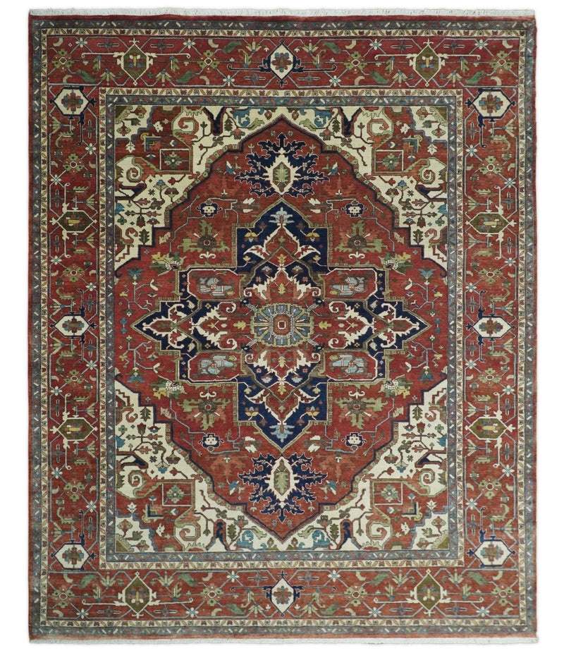 8x10 Fine Hand Knotted Blue, Ivory and Rust Traditional Vintage Heriz Serapi Antique Wool Rug | TRDCP470810 - The Rug Decor