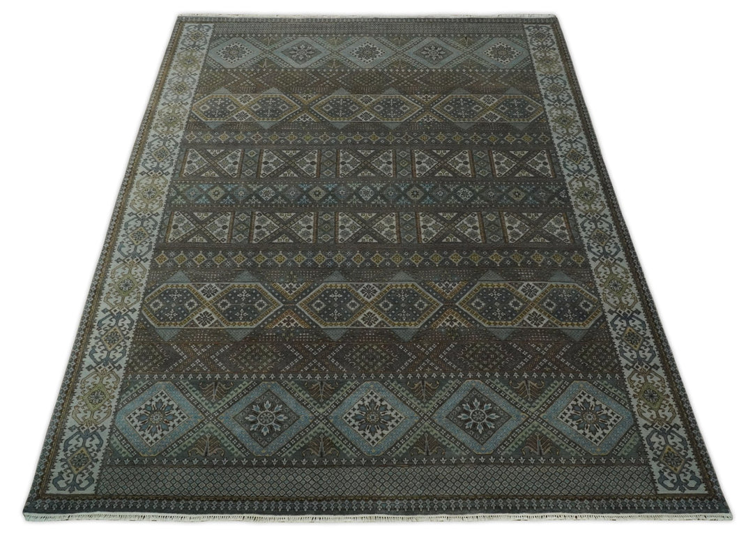 8x10 Fine Hand Knotted Brown and Blue Southwestern Traditional Antique Area Rug | AGR41 - The Rug Decor