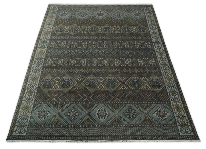 8x10 Fine Hand Knotted Brown and Blue Southwestern Traditional Antique Area Rug | AGR41 - The Rug Decor