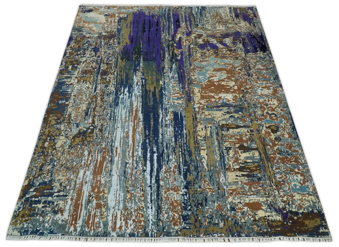 8x10 Fine Hand Knotted Brown Multicolor Modern Abstract Wool and Bamboo Silk Area Rug | AGR19 - The Rug Decor