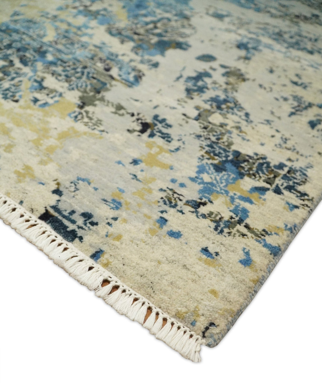 8x10 Fine Hand Knotted Charcoal, Camel and Blue Traditional Vintage Persian Style Antique Wool and Silk Rug | TRDCP703810 - The Rug Decor