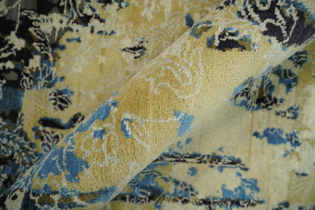 8x10 Fine Hand Knotted Charcoal, Camel and Blue Traditional Vintage Persian Style Antique Wool and Silk Rug | TRDCP703810 - The Rug Decor