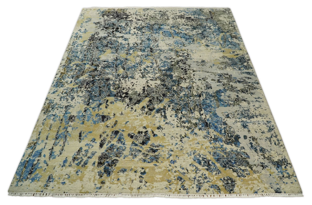 8x10 Fine Hand Knotted Charcoal, Camel and Blue Traditional Vintage Persian Style Antique Wool and Silk Rug | TRDCP703810 - The Rug Decor