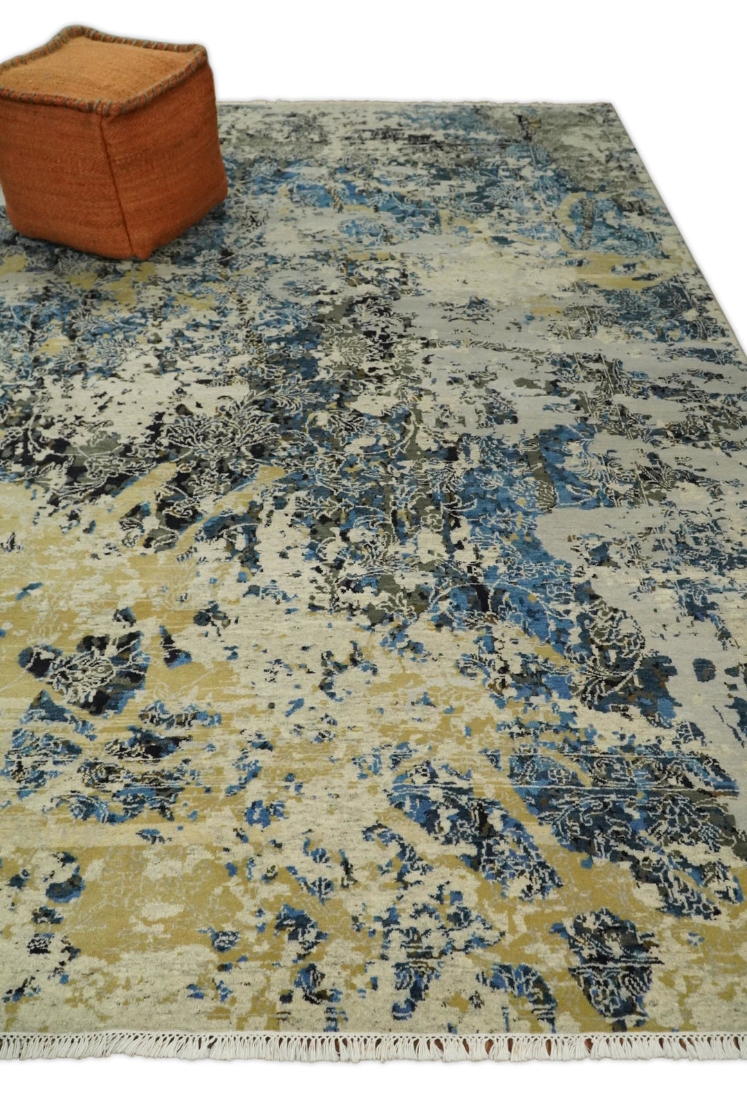8x10 Fine Hand Knotted Charcoal, Camel and Blue Traditional Vintage Persian Style Antique Wool and Silk Rug | TRDCP703810 - The Rug Decor