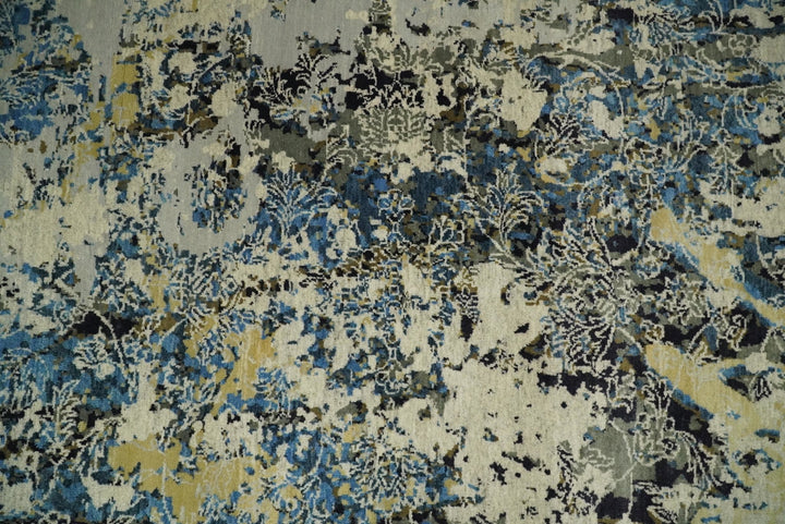 8x10 Fine Hand Knotted Charcoal, Camel and Blue Traditional Vintage Persian Style Antique Wool and Silk Rug | TRDCP703810 - The Rug Decor