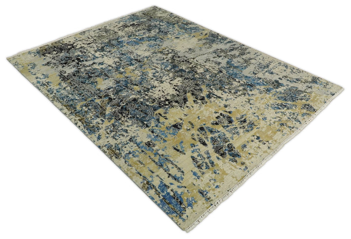 8x10 Fine Hand Knotted Charcoal, Camel and Blue Traditional Vintage Persian Style Antique Wool and Silk Rug | TRDCP703810 - The Rug Decor