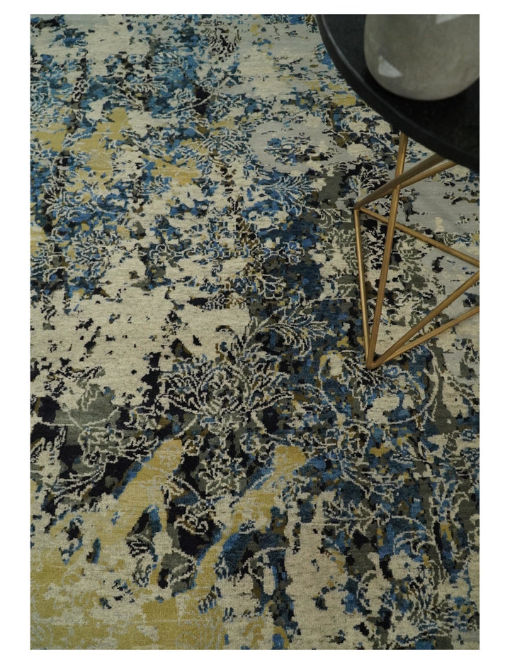 8x10 Fine Hand Knotted Charcoal, Camel and Blue Traditional Vintage Persian Style Antique Wool and Silk Rug | TRDCP703810 - The Rug Decor