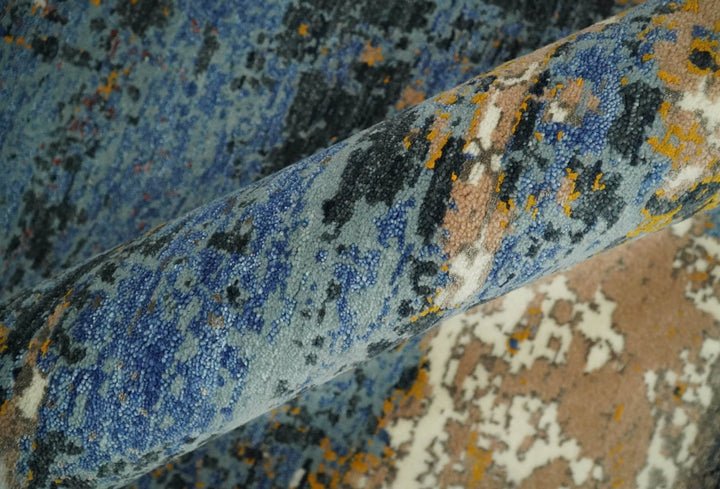 8x10 Fine Hand Knotted Ivory and Blue Modern Abstract Style Antique Wool and Silk Area Rug | TRDCP631810 - The Rug Decor