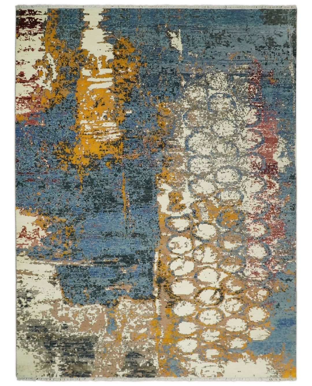 8x10 Fine Hand Knotted Ivory and Blue Modern Abstract Style Antique Wool and Silk Area Rug | TRDCP631810 - The Rug Decor