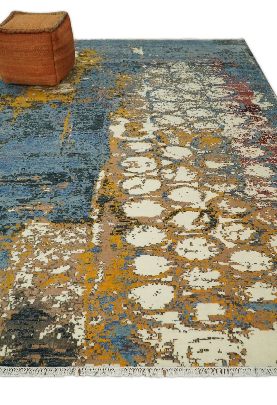 8x10 Fine Hand Knotted Ivory and Blue Modern Abstract Style Antique Wool and Silk Area Rug | TRDCP631810 - The Rug Decor