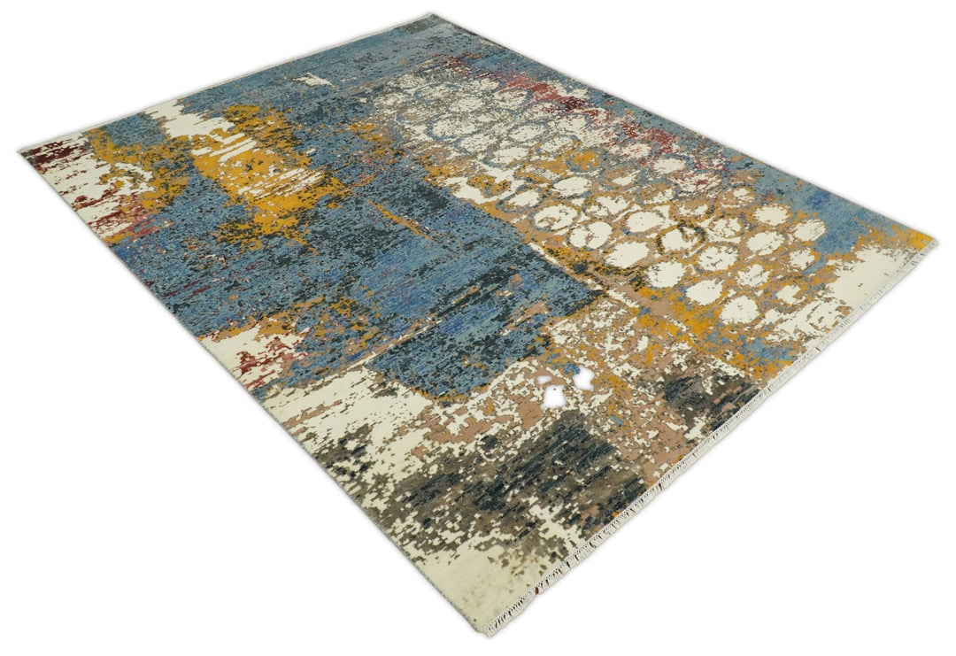 8x10 Fine Hand Knotted Ivory and Blue Modern Abstract Style Antique Wool and Silk Area Rug | TRDCP631810 - The Rug Decor
