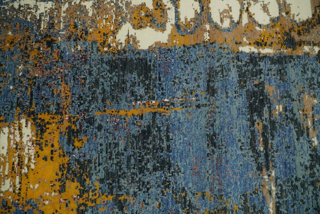 8x10 Fine Hand Knotted Ivory and Blue Modern Abstract Style Antique Wool and Silk Area Rug | TRDCP631810 - The Rug Decor