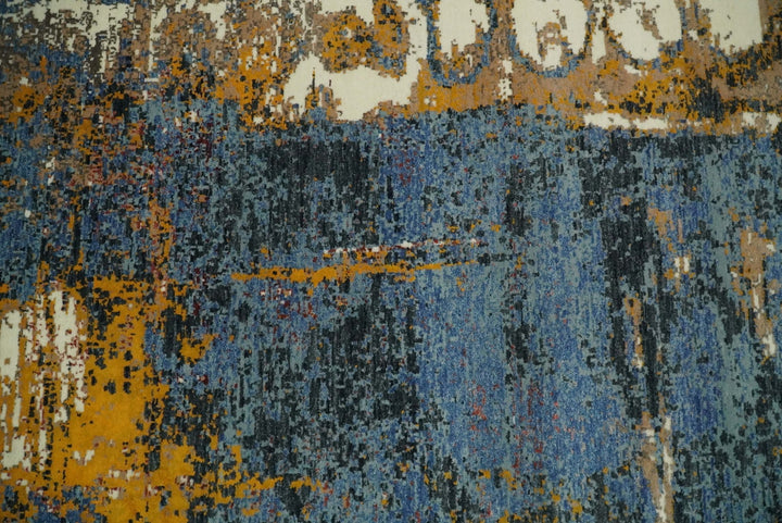 8x10 Fine Hand Knotted Ivory and Blue Modern Abstract Style Antique Wool and Silk Area Rug | TRDCP631810 - The Rug Decor