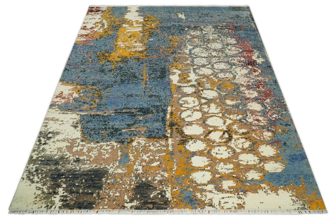 8x10 Fine Hand Knotted Ivory and Blue Modern Abstract Style Antique Wool and Silk Area Rug | TRDCP631810 - The Rug Decor
