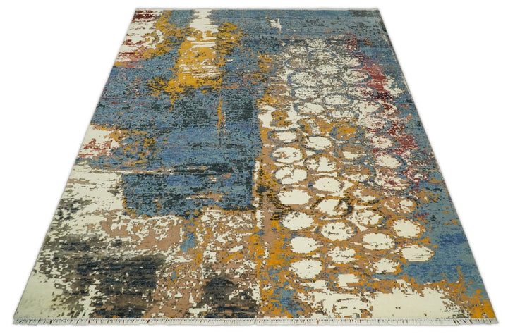 8x10 Fine Hand Knotted Ivory and Blue Modern Abstract Style Antique Wool and Silk Area Rug | TRDCP631810 - The Rug Decor