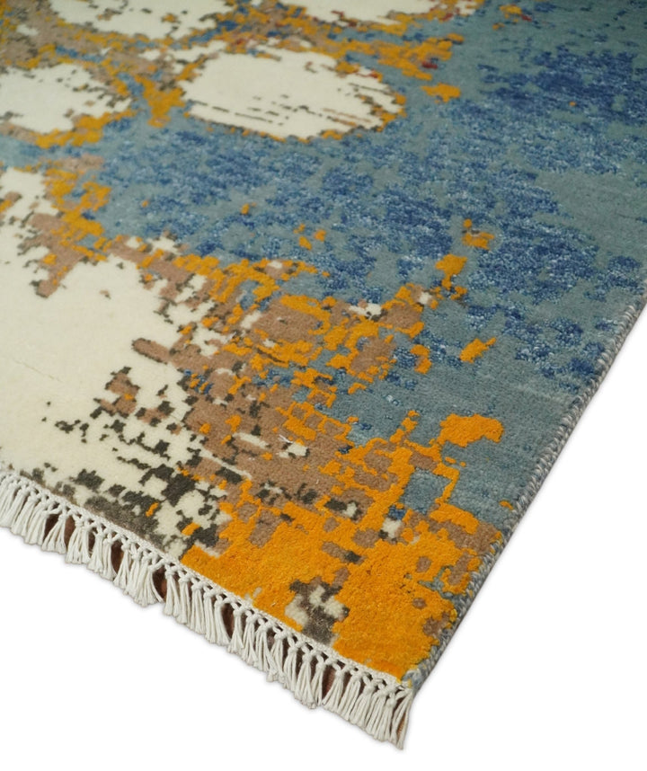 8x10 Fine Hand Knotted Ivory and Blue Modern Abstract Style Antique Wool and Silk Area Rug | TRDCP631810 - The Rug Decor