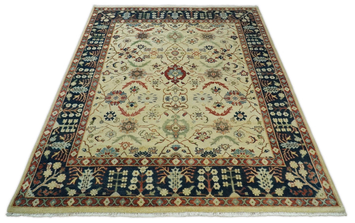 8x10 Fine Hand Knotted Ivory and Blue Traditional Vintage Persian Style Mahal Antique Wool Rug | TRDCP492810 - The Rug Decor