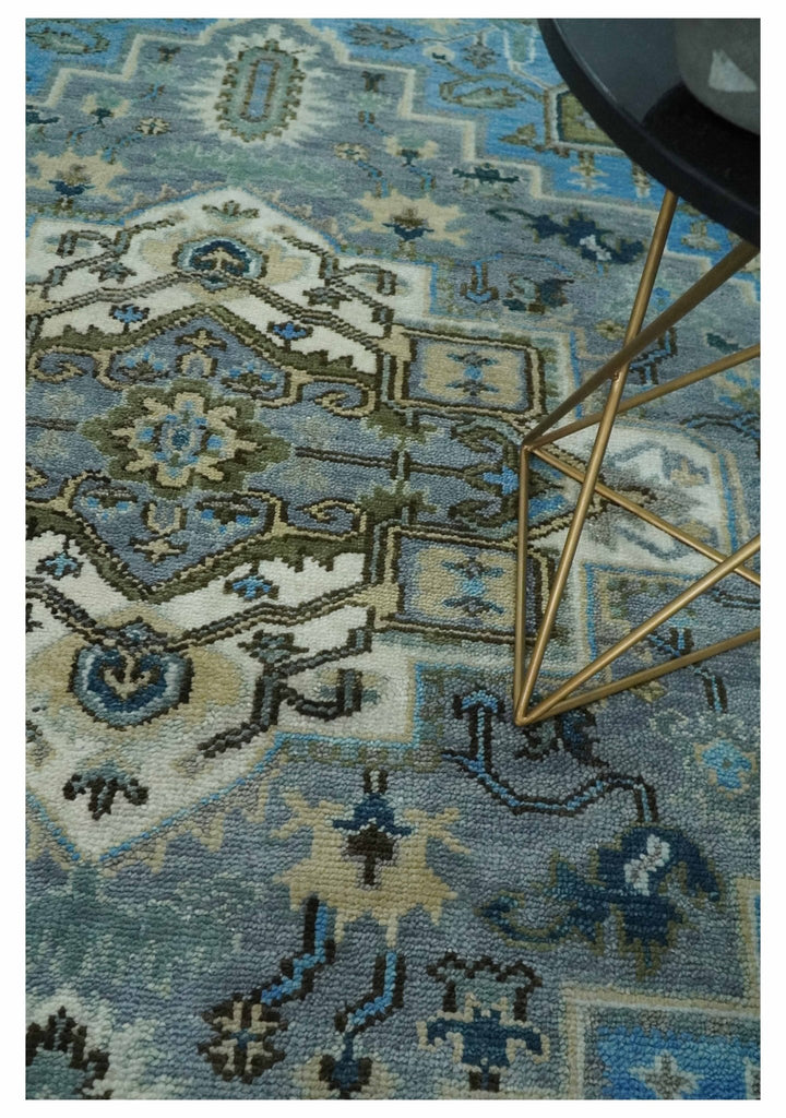 8x10 Gray, Ivory, Moss Green and Blue Hand Knotted Traditional Heriz Wool Area Rug - The Rug Decor