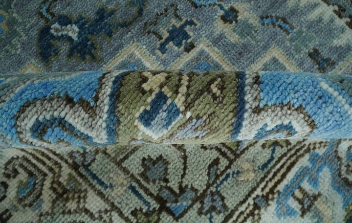 8x10 Gray, Ivory, Moss Green and Blue Hand Knotted Traditional Heriz Wool Area Rug - The Rug Decor