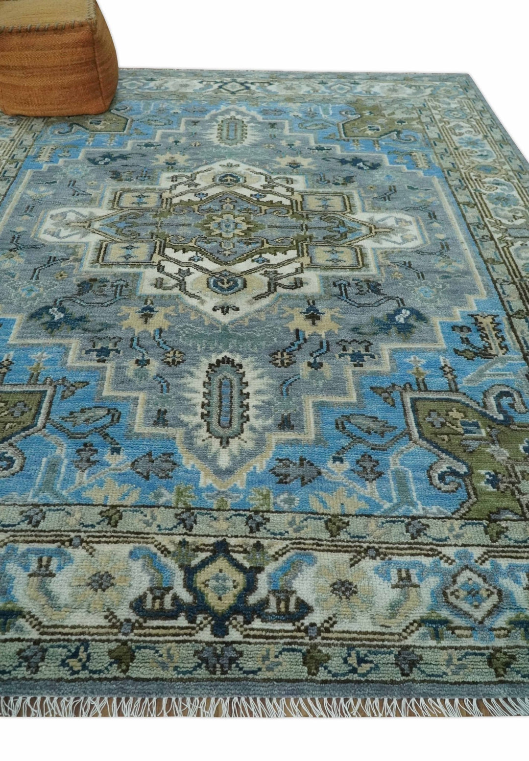 8x10 Gray, Ivory, Moss Green and Blue Hand Knotted Traditional Heriz Wool Area Rug - The Rug Decor
