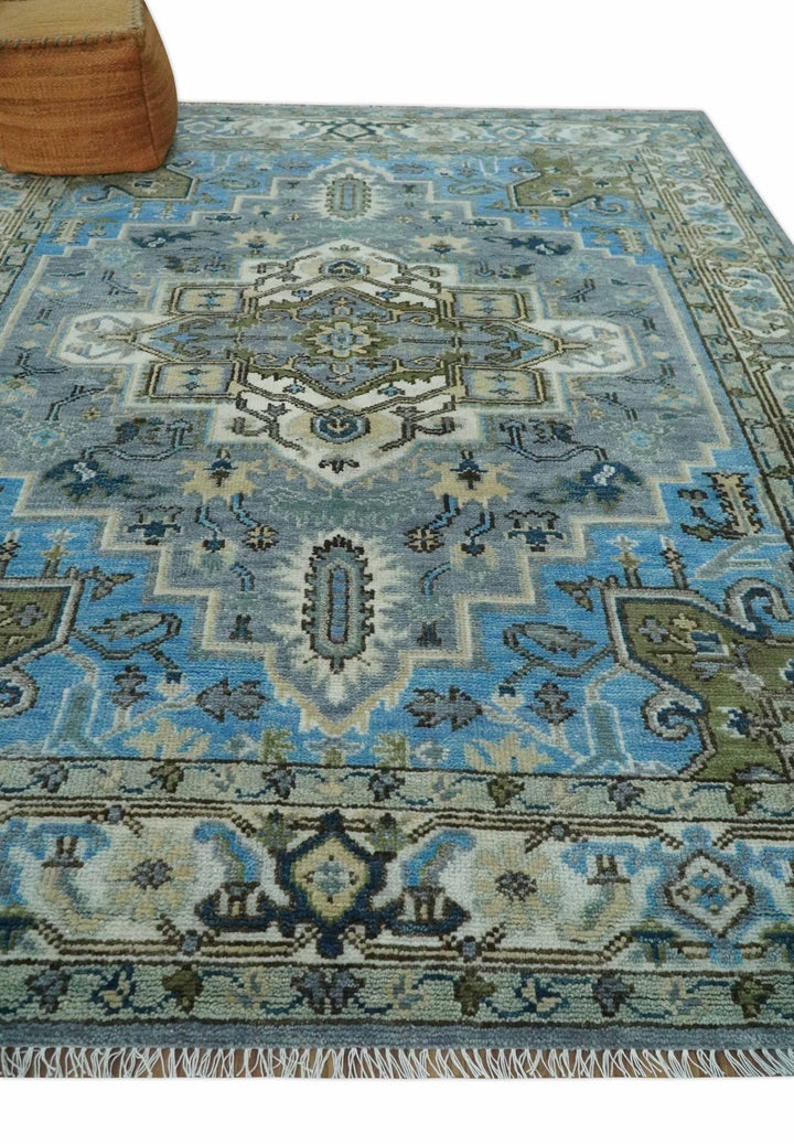 8x10 Gray, Ivory, Moss Green and Blue Hand Knotted Traditional Heriz Wool Area Rug - The Rug Decor