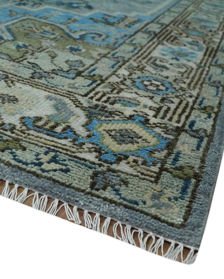 8x10 Gray, Ivory, Moss Green and Blue Hand Knotted Traditional Heriz Wool Area Rug - The Rug Decor