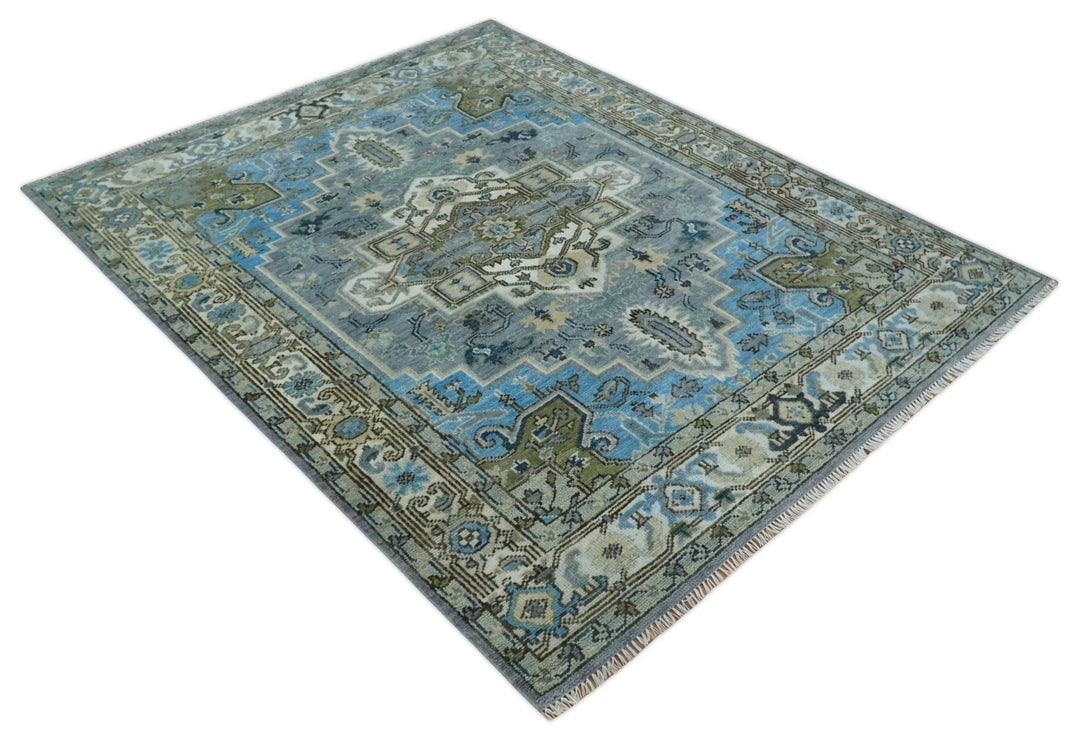 8x10 Gray, Ivory, Moss Green and Blue Hand Knotted Traditional Heriz Wool Area Rug - The Rug Decor