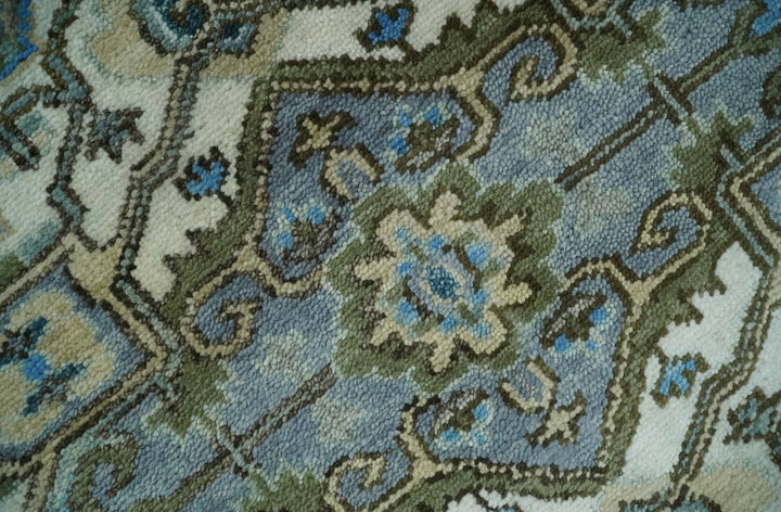 8x10 Gray, Ivory, Moss Green and Blue Hand Knotted Traditional Heriz Wool Area Rug - The Rug Decor