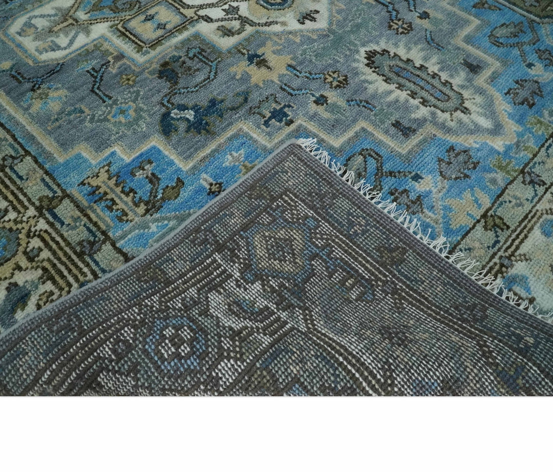 8x10 Gray, Ivory, Moss Green and Blue Hand Knotted Traditional Heriz Wool Area Rug - The Rug Decor