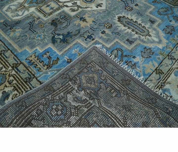 8x10 Gray, Ivory, Moss Green and Blue Hand Knotted Traditional Heriz Wool Area Rug - The Rug Decor