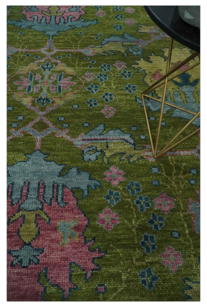 8x10 Green, Blue and Peach Hand Knotted Vibrant Donegal Floral Wool Rug - The Rug Decor