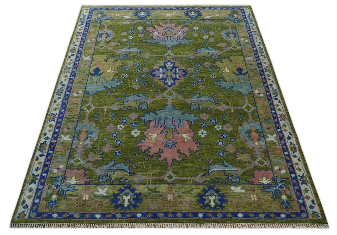8x10 Green, Blue and Peach Hand Knotted Vibrant Donegal Floral Wool Rug - The Rug Decor