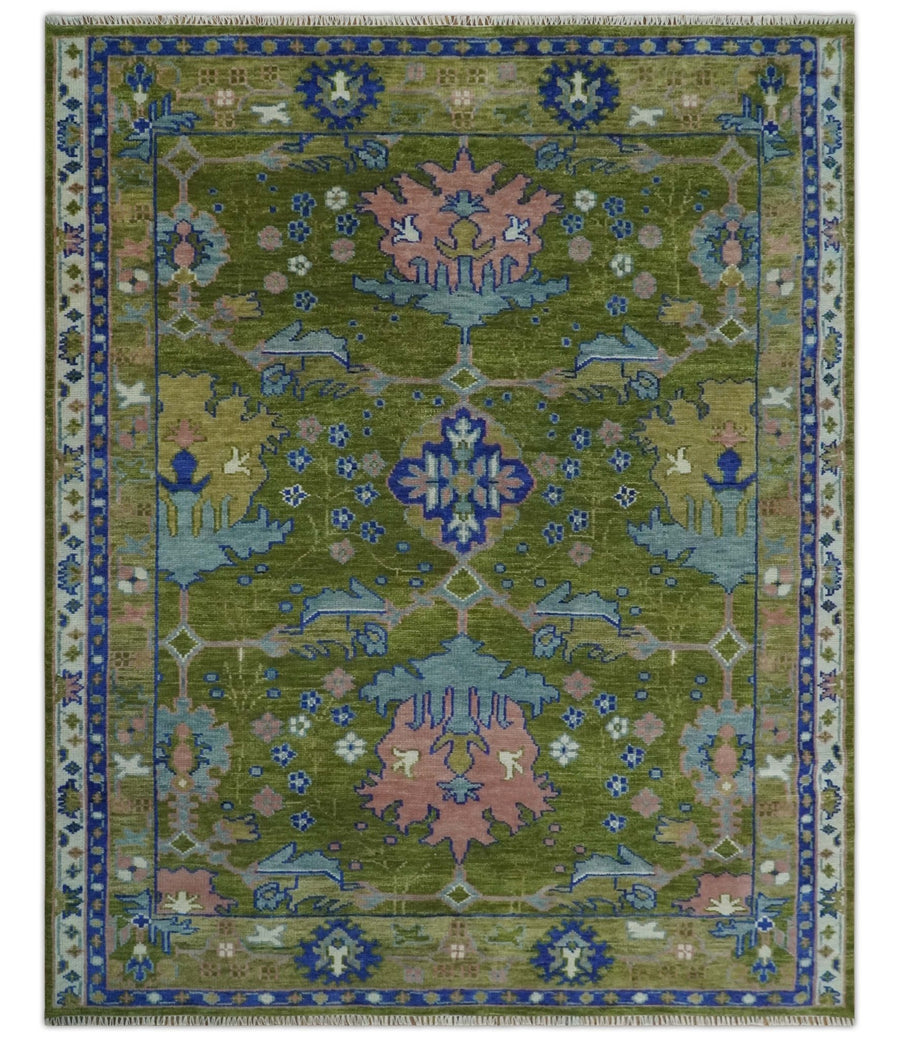 8x10 Green, Blue and Peach Hand Knotted Vibrant Donegal Floral Wool Rug - The Rug Decor