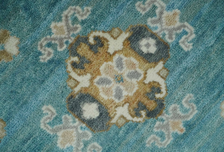 8x10 Hand Knotted Aqua and Ivory Traditional Oushak Wool Area Rug - The Rug Decor
